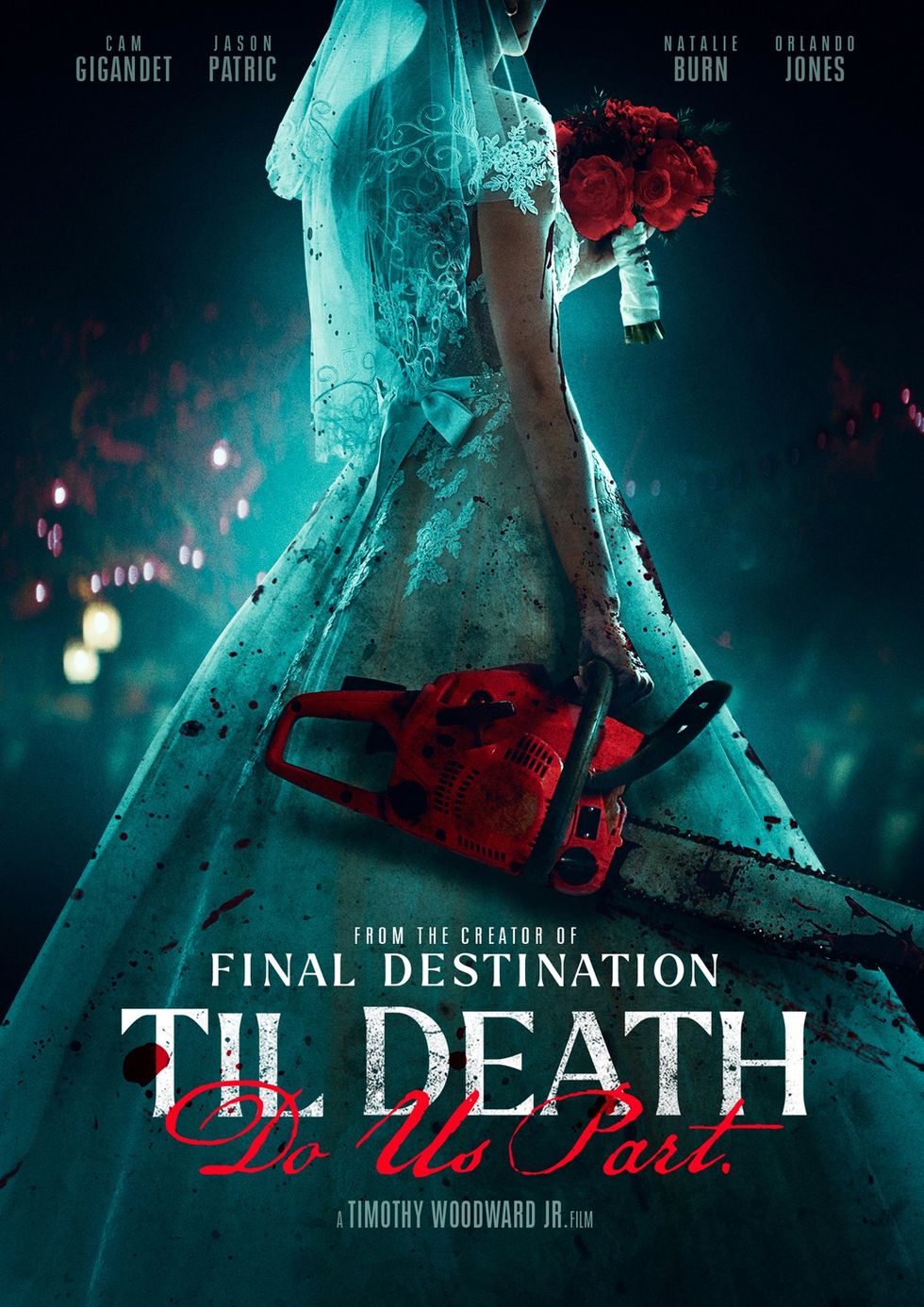 A bride holding a chainsaw in 'TIl Death Do Us Part' movie poster