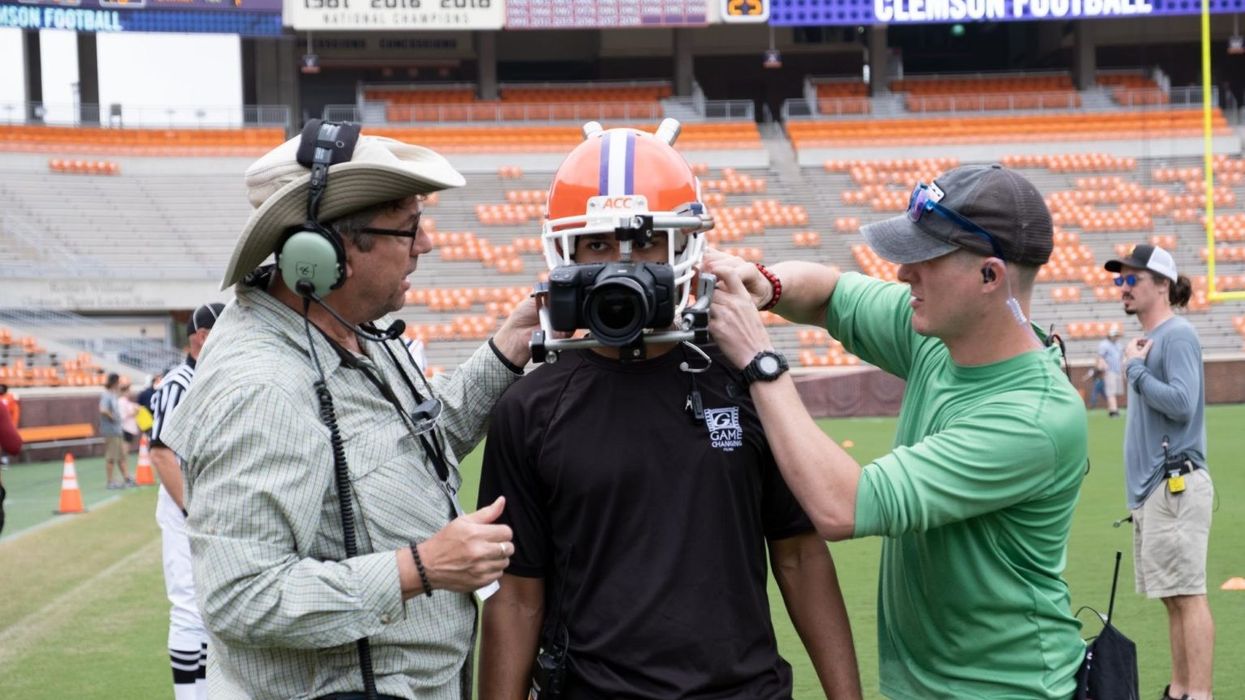 A football mask is outfitted with a Blackmagic Pocket behind the scenes on 'Safety'