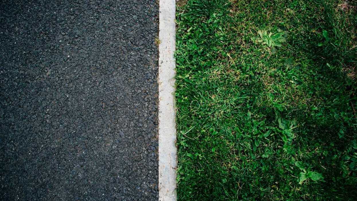 A line dividing the road from the grass.