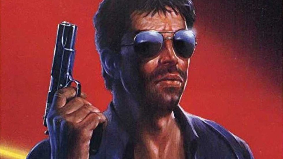 A man holding a gun on the poster for Double Edge