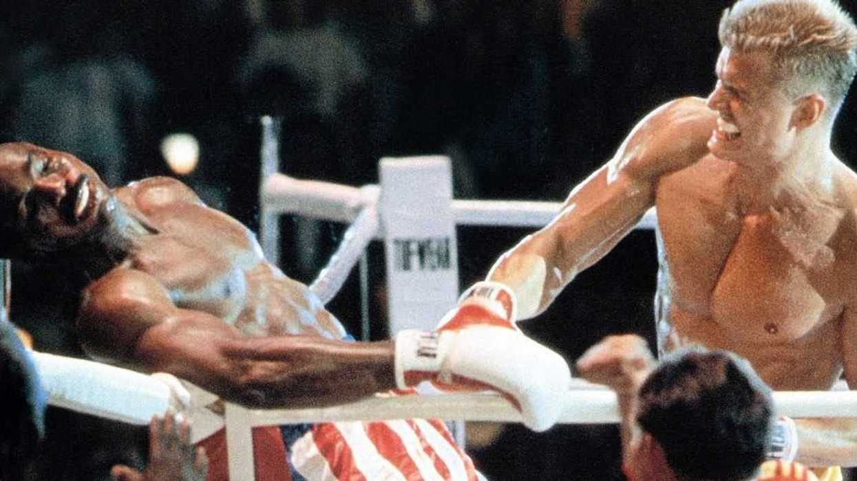A pivotal scene from the 1985 film Rocky IV featuring a boxing match between Apollo Creed and Ivan Drago