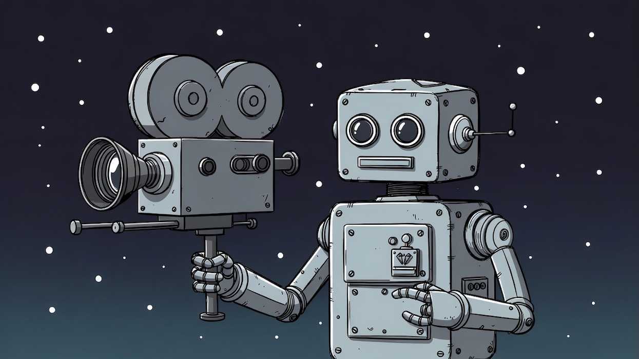 A robot holding a film camera