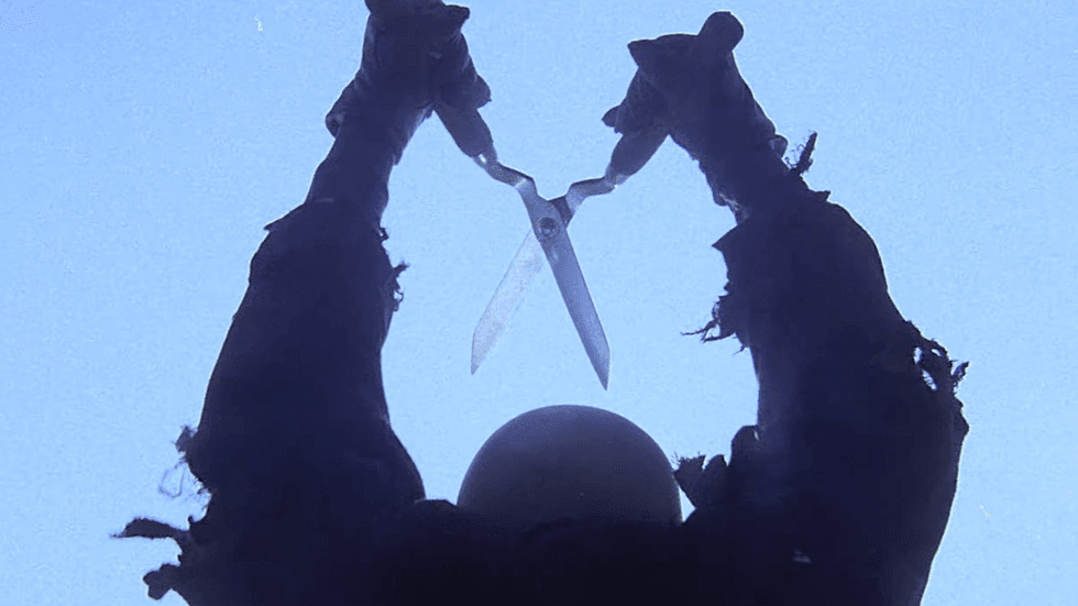 A scene featuring the villain Cropsy holding garden shears in the 1981 slasher film The Burning