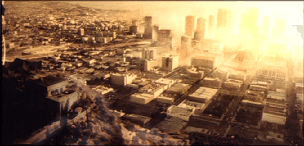 A scene from Terminator 2, depicting a nuclear blast wave destroying downtown Los Angeles during Sarah Connor's nightmare sequence.