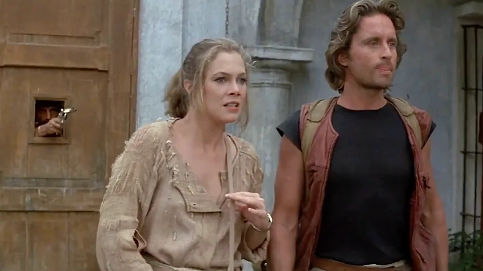A scene from the 1984 action-adventure romantic comedy film Romancing the Stone