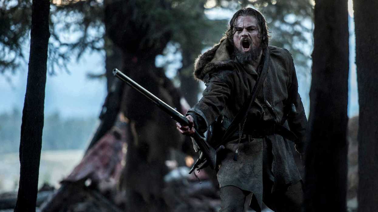 A scene from the 2015 film The Revenant, featuring Leonardo DiCaprio in his role as Hugh Glass.