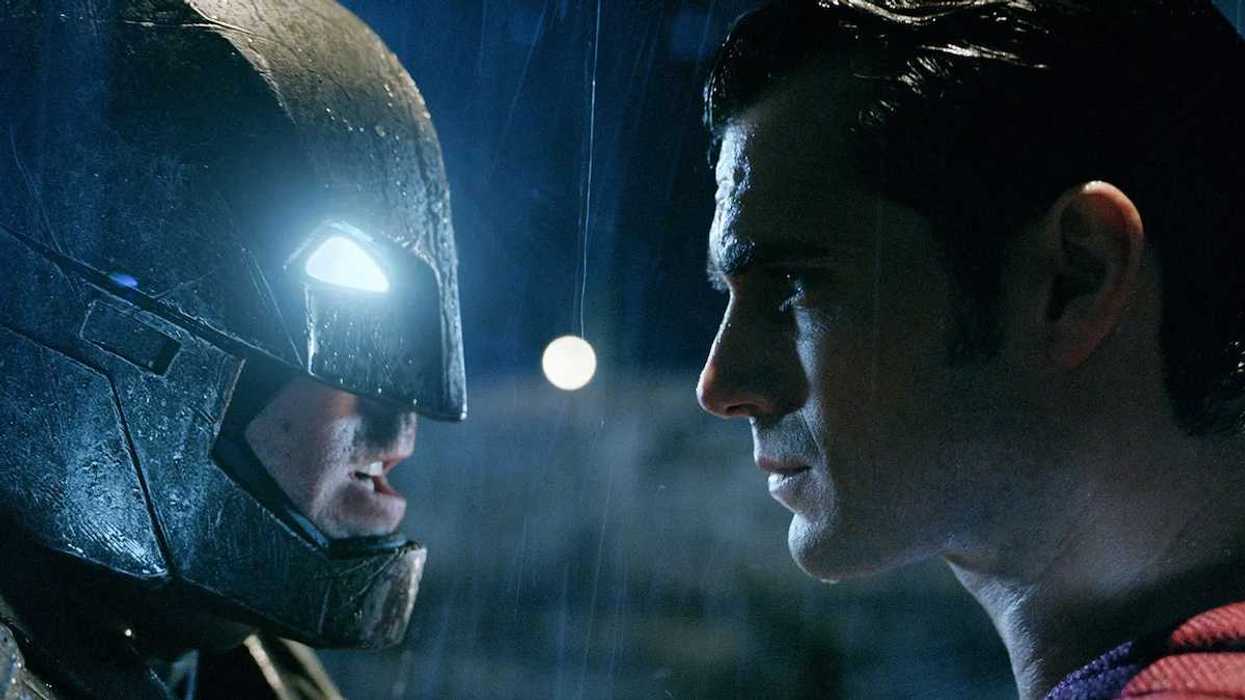 A scene from the 2016 film Batman v Superman: Dawn of Justice, featuring Ben Affleck as Batman and Henry Cavill as Superman