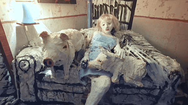 A scene from the Chilean stop-motion animated horror film The Wolf House (La Casa Lobo, 2018), directed by Cristóbal León and Joaquín Cociña