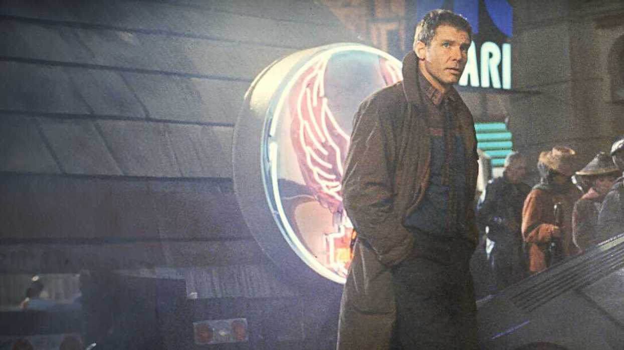 A still of Rick Deckard, played by Harrison Ford, in the 1982 science fiction neo-noir film Blade Runner (1982)