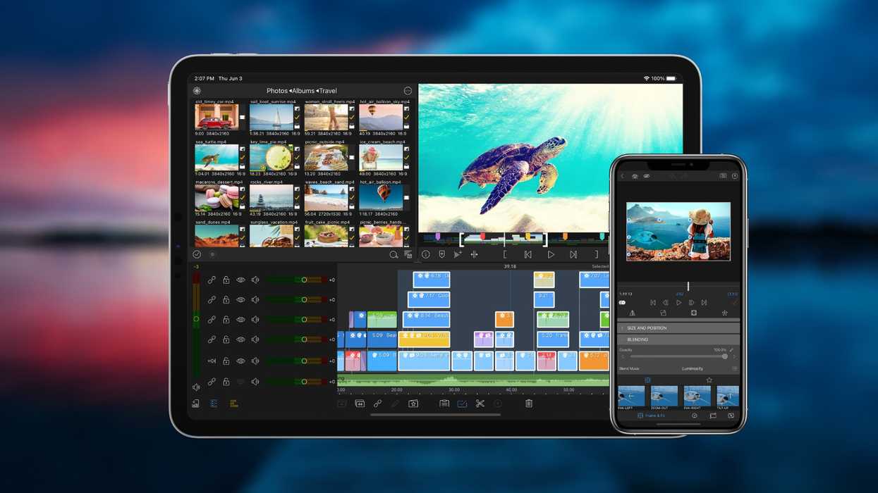 A tablet and smartphone with LumaFusion editing bay on the screens