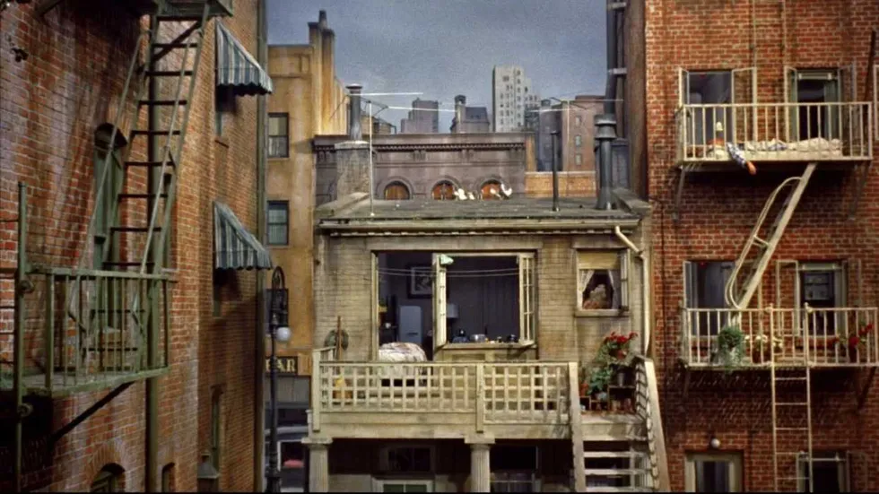 A wide-angle view of the courtyard in Rear Window