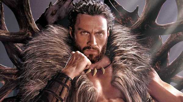 Aaron Taylor-Johnson sitting on his throne on the poster for Craven the Hunter