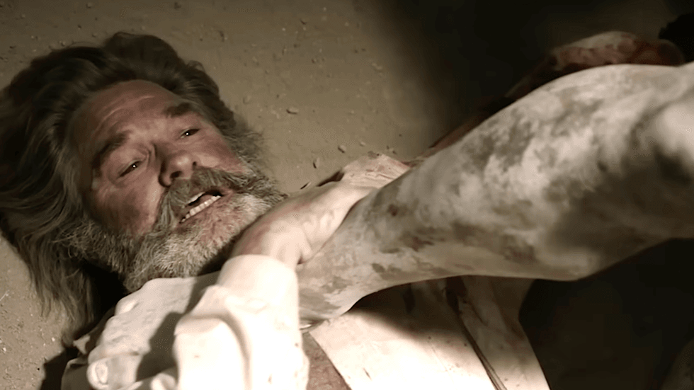 Actor Kurt Russell as Sheriff Franklin Hunt in a tense scene from the 2015 western horror film Bone Tomahawk