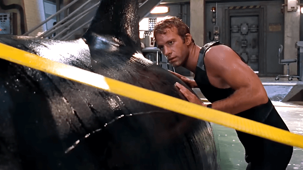 Actor Thomas Jane in a tense scene from the 1999 sci-fi action thriller Deep Blue Sea