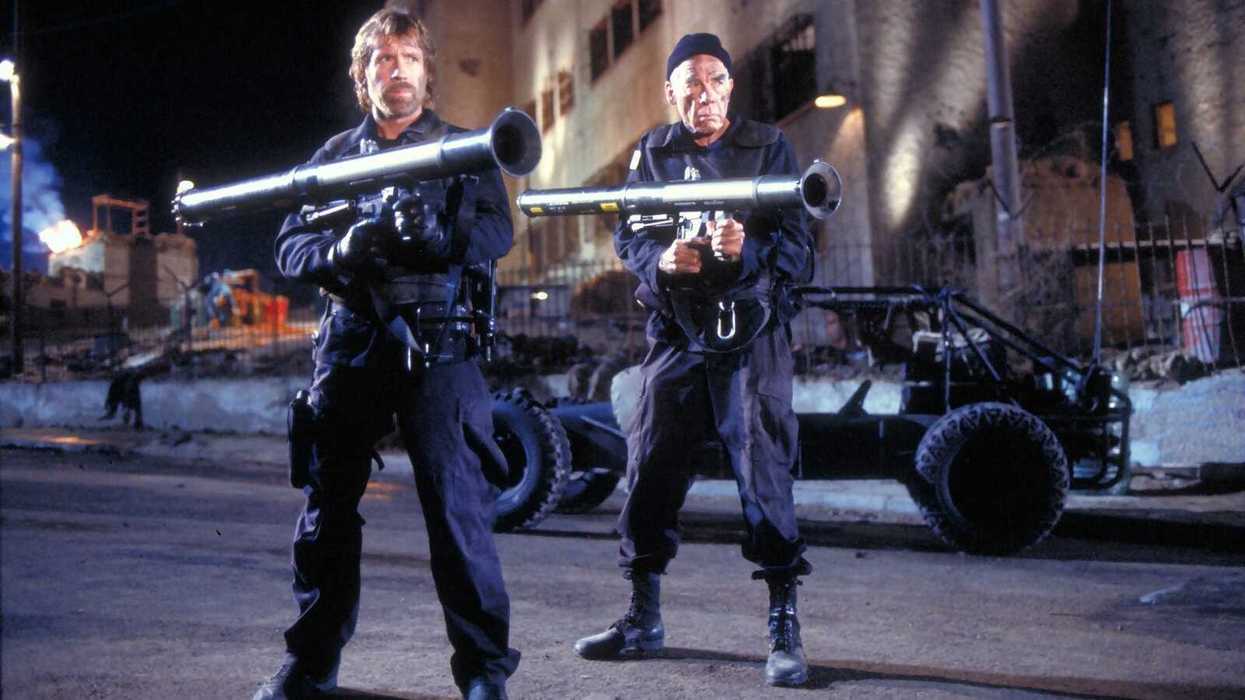 Actors Chuck Norris and Steve James in a scene from the 1986 action film The Delta Force