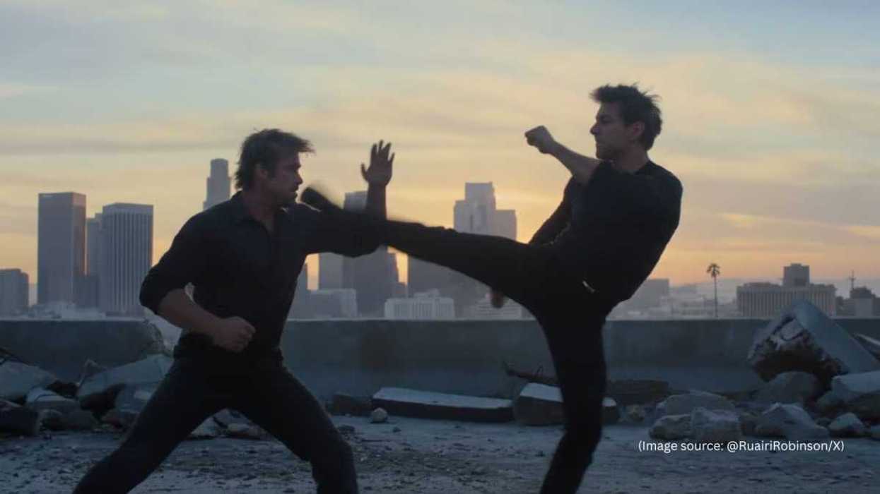 AI video of Brad Pitt and Tom Cruise fighting on a rooftop