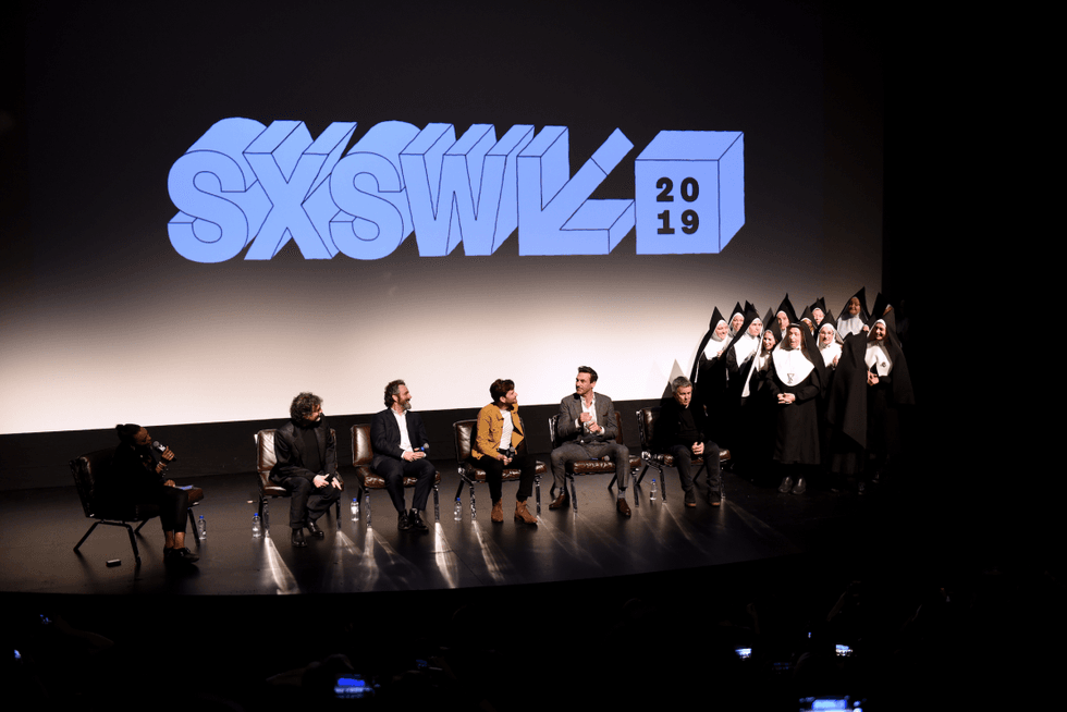Aisha Tyler, Neil Gaiman, and Michael Sheen, Jon Hamm, Douglas Mackinnon and the Chattering Nuns at Good Omens: The Nice and Accurate event during SXSW at ZACH Theatre on March 09, 2019 in Austin, Texas.