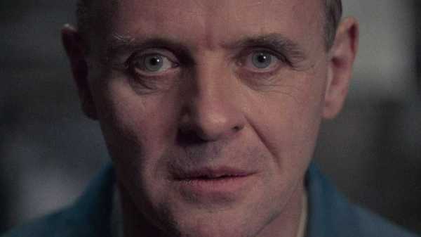 Anthony Hopkins as Hannibal Lecter staring into the camera in close-up in The Silence of the Lambs