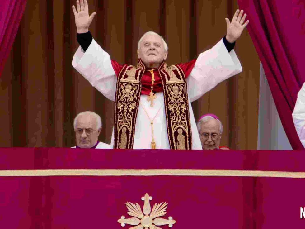 Anthony Hopkins portraying Pope Benedict XVI in the 2019 Netflix biographical drama, The Two Popes.
