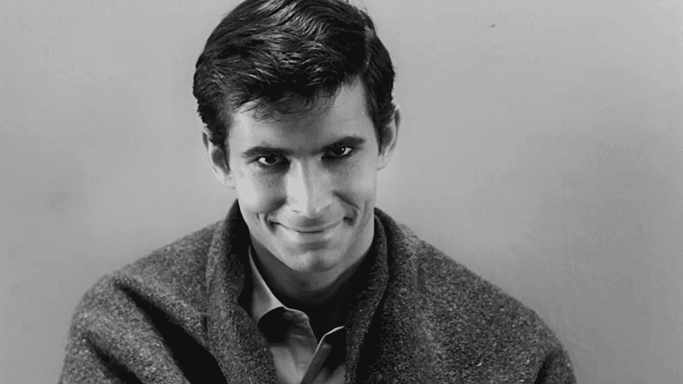 Anthony Perkins as Norman Bates in the final scene of Alfred Hitchcock's classic 1960 horror film Psycho