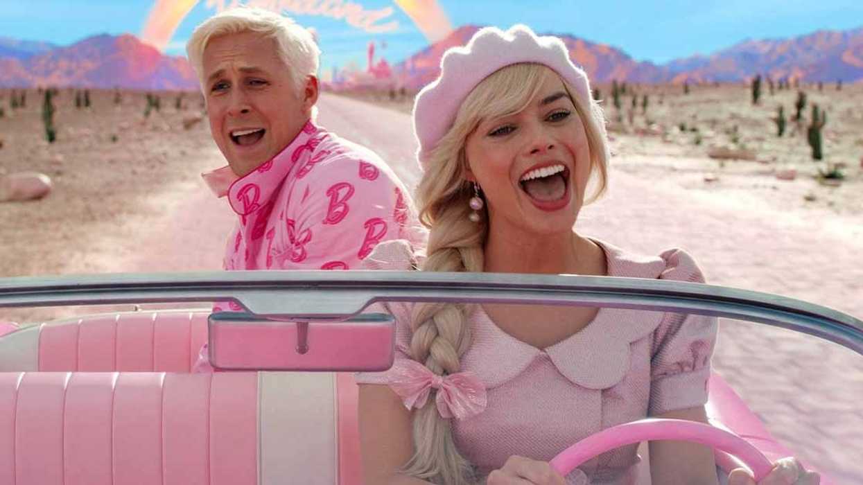 Barbie, played by Margot Robbie, and Ken, played by Ryan Gosling, in a car, 'Barbie'