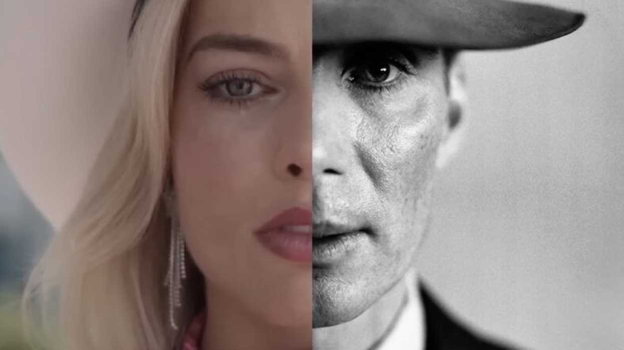 Barbie, played by Margot Robbie, and Robert J. Oppenheimer, played by Cillian Murphy, side by side.
