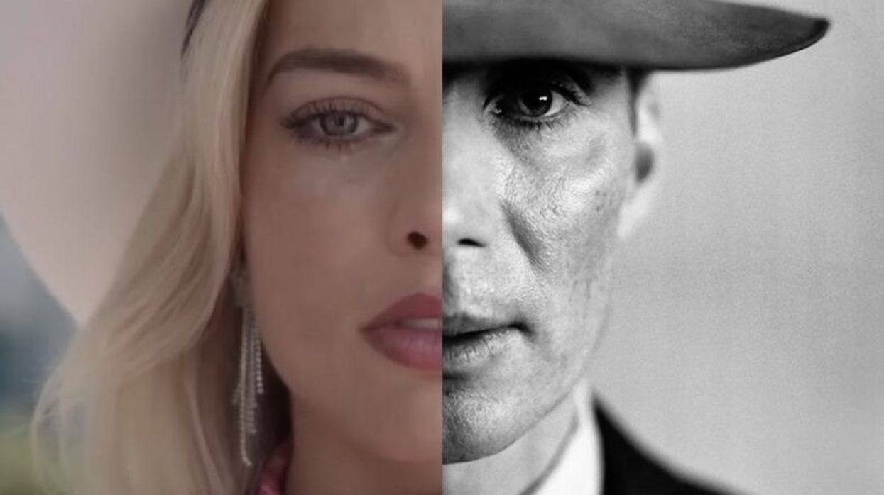 Barbie, played by Margot Robbie, and Robert J. Oppenheimer, played by Cillian Murphy, side by side. 