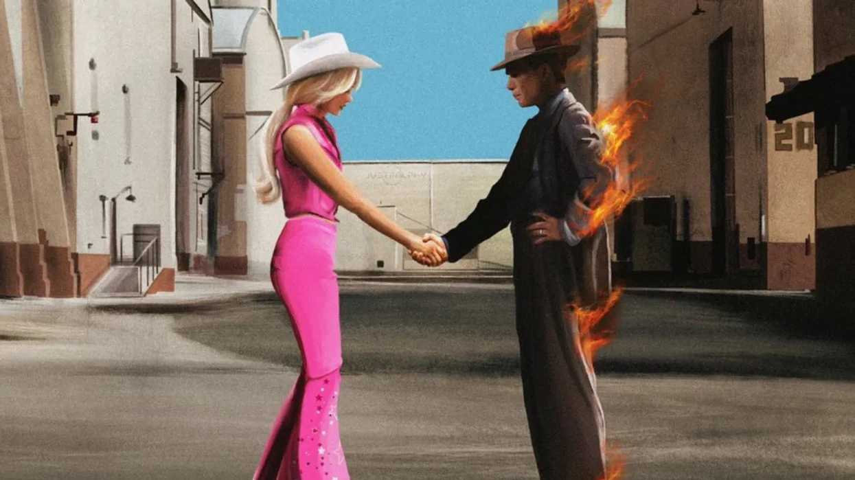 Barbie shakes hands with a man on fire.