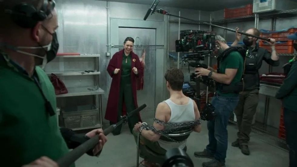 Behind the scenes look at a woman intergotating a man in a freezer, 'Secret Invasion'