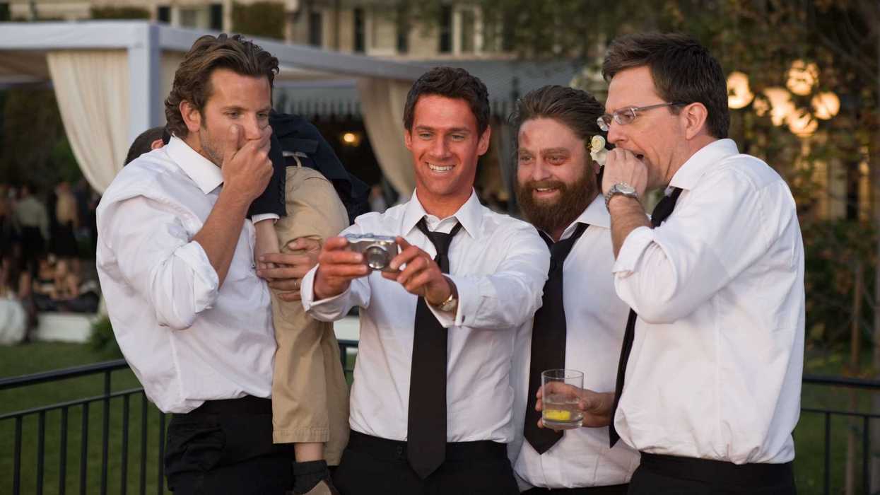 Bradley Cooper, Zach Galifianakis, Justin Bartha and Ed Helms from the comedy film series The Hangover.
