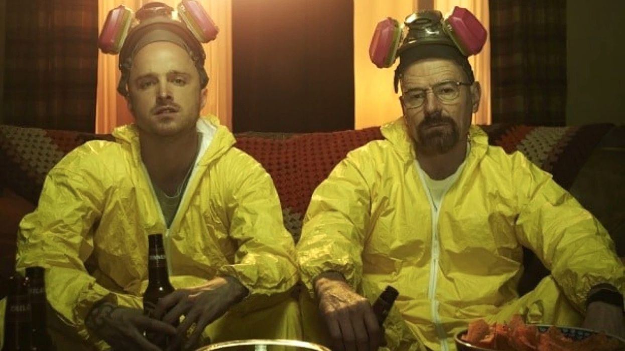 Bryan Cranston as Walter White and Aaron Paul as Jesse Pinkman in hazmat suits in 'Breaking Bad'