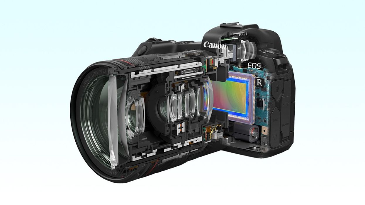 ​Canon EOS R1 camera cut in half on a light blue background.