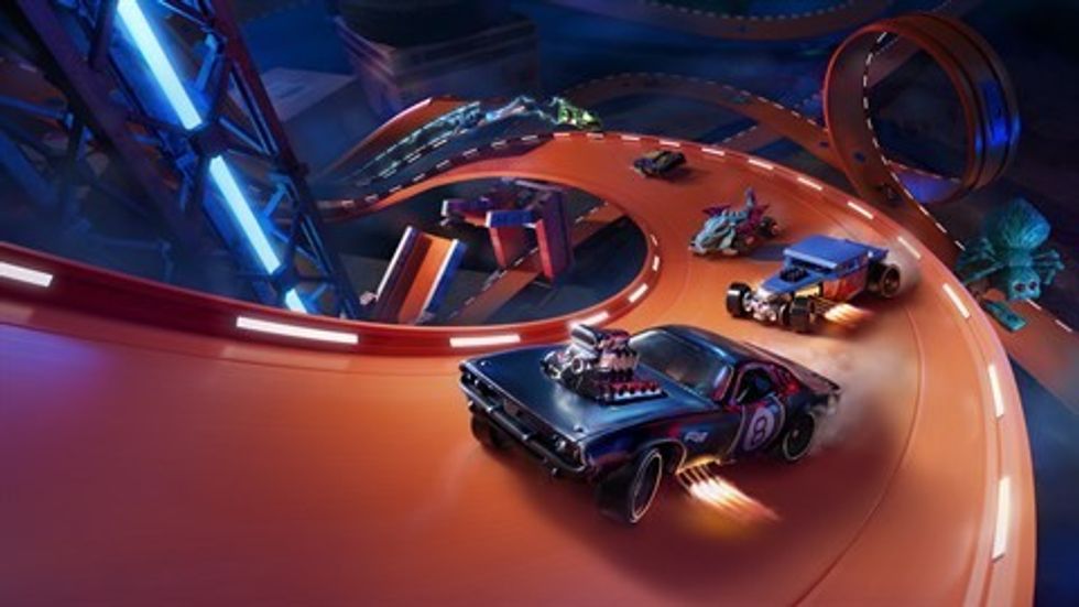 Cars racing on an orange track, 'Hot Wheels Unleashed'