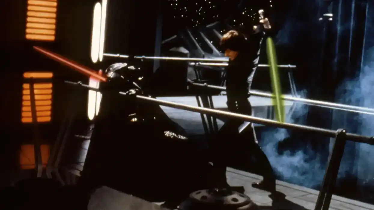 Climactic lightsaber duel between Luke Skywalker and Darth Vader in Star Wars: Episode VI - Return of the Jedi