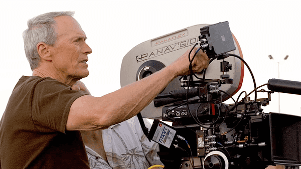 Clint Eastwood operating a Panavision motion picture camera on a film set