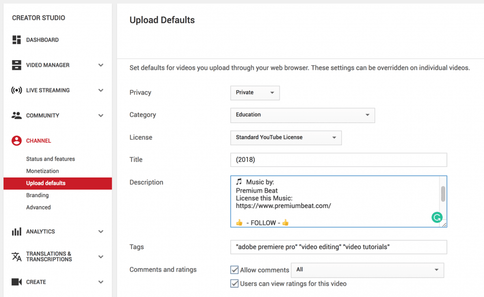 Customize Youtube Upload Defaults