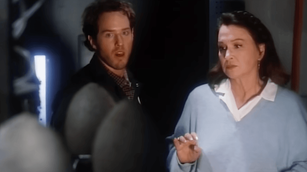 Diane Ladd as the mad geneticist, Dr. Jane Tiptree, alongside Raphael Sbarge as "Doc" Smith in \u2018Carnosaur\u2019 (1993)