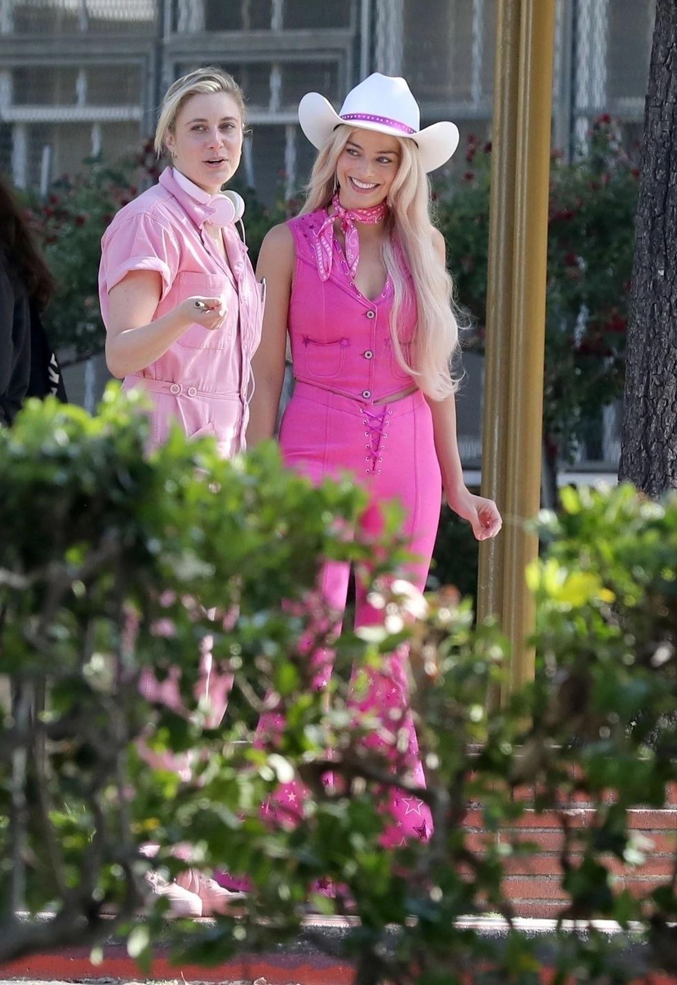 Director Greta Gerwig and Margot Robbie as Barbie on the set of 'Barbie'