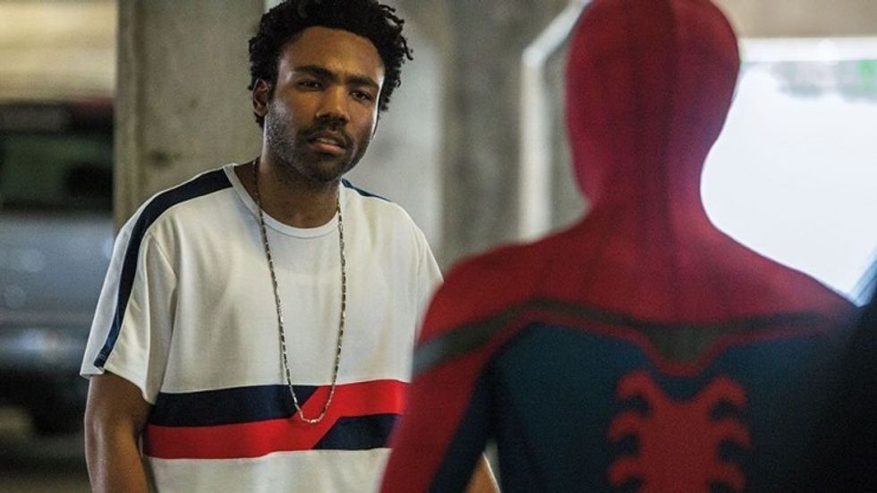 Donald Glover as Aaron Davis being interrogated by Spider-Man, played by Tom Holland, in 'Spider-Man: Homecoming'