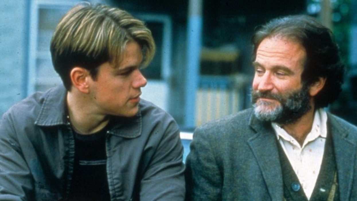 Dr. Sean Maguire, played by Robin Williams, sitting with Will Hunting, played by Matt Damon, in 'Good Will Hunting'