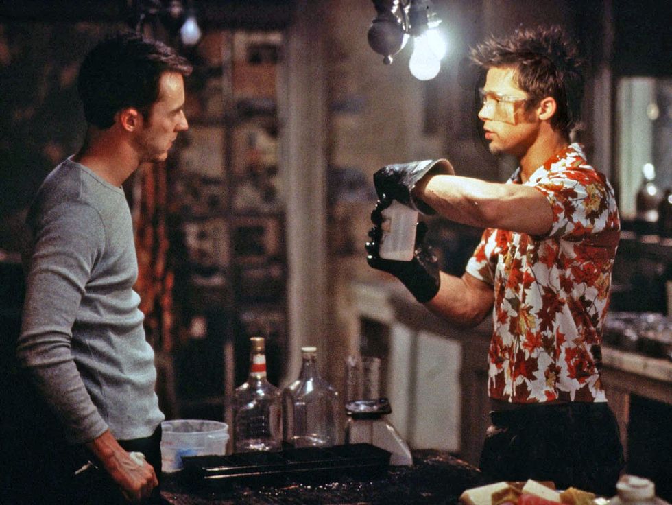 Edward Norton as the Narrator and Brad Pitt as Tyler Durden making soap in 'Fight Club'