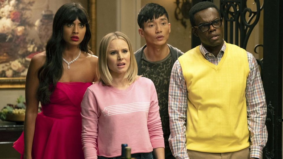 Eleanor Shellstrop, played by Kristen Bell, Chidi Anagonye, played by William Jackson Harper, Tahani Al-Jamil, played by Jameela Jamil, and Jason Mendoza, played by Manny Jacinto, looking confused together in 'The Good Place'