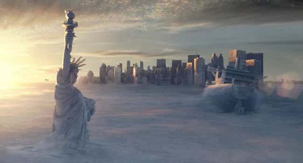 Establishing shot of a snow-covered New York City skyline