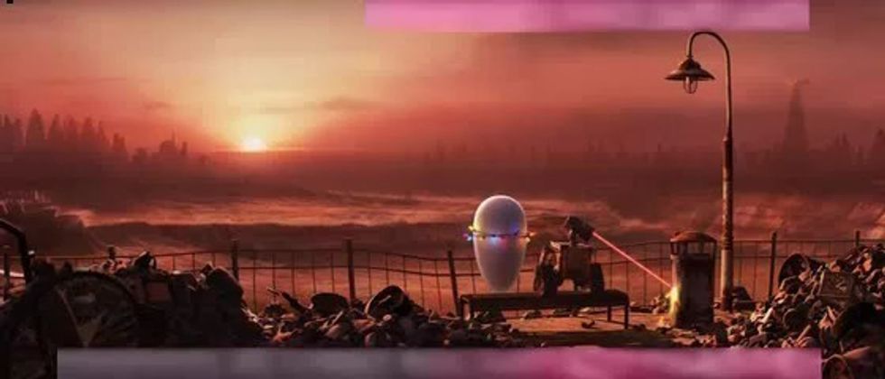Extreme wide shot of two robots watching the sunrise in 'WALL-E'