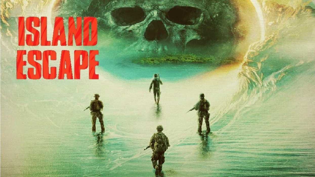 Four military men walking toward a skull shaped island.