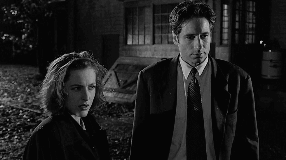 Fox Mulder (played by David Duchovny) and Dana Scully (played by Gillian Anderson) in the Season 5 episode "The Post-Modern Prometheus" of The X-Files