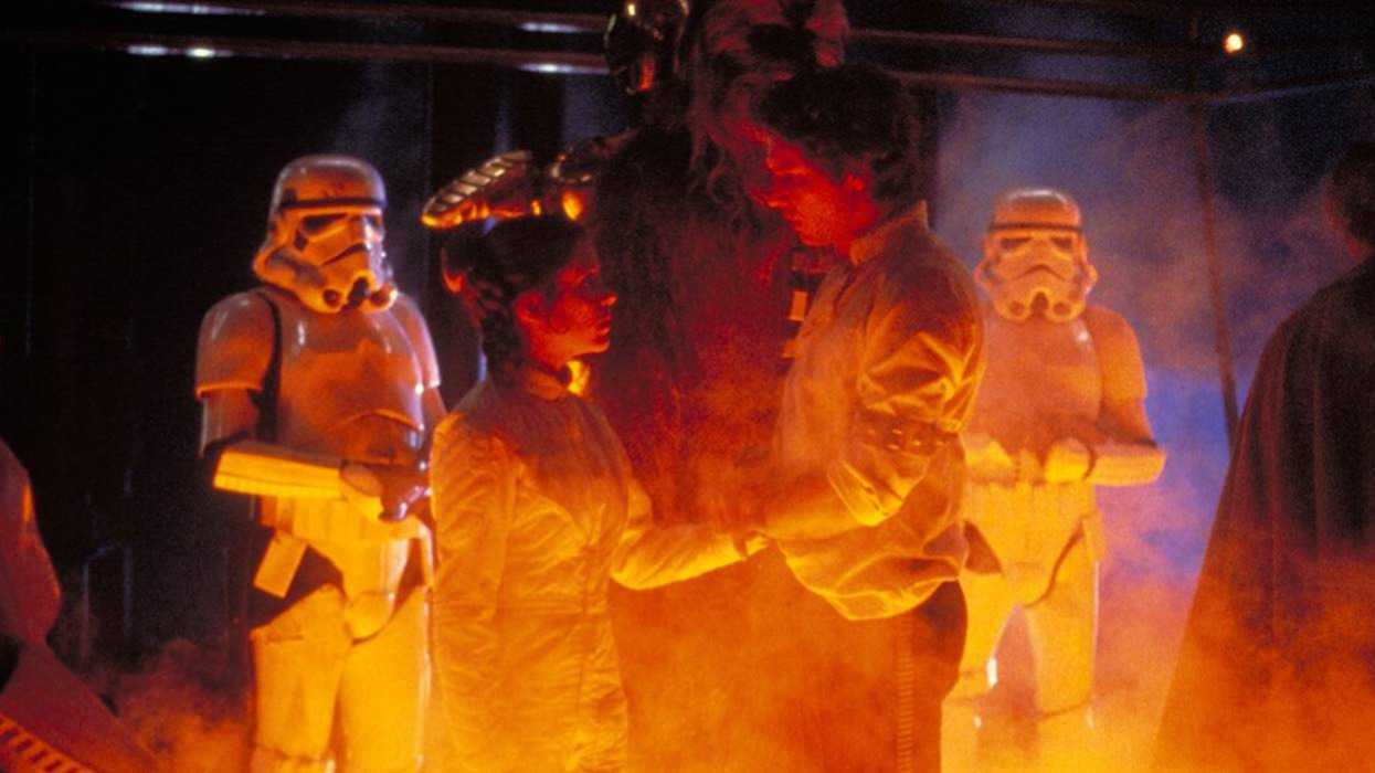 Han Solo (Harrison Ford) and Princess Leia (Carrie Fisher) sharing a moment with each other before Han gets frozen in the carbonite machine.