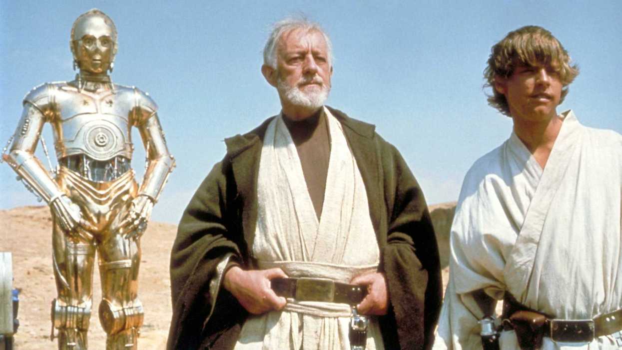 Iconic moment from the 1977 film Star Wars: Episode IV - A New Hope on the desert planet of Tatooine.