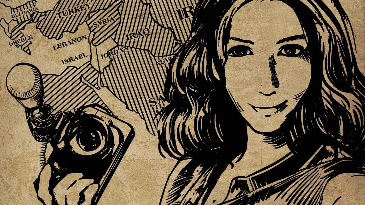 Illustration of Award-winning filmmaker and photojournalist Mimi Chakarova holding a camera over map of countries where she has worked