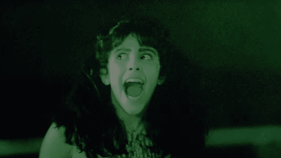 Infamous and unsettling final shot of the character Angela Baker from the 1983 cult slasher film Sleepaway Camp